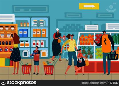 People in store. Customer choose food supermarket family cart shopping product assortment grocery store interior retail vector concept. People in store. Customer choose food supermarket family cart shopping product assortment grocery store interior concept