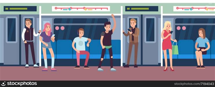 People in subway. Urban underground mass transit with female, male characters, public transport subway wagon in metropolis. Vector diversity crowded tube concept. People in subway. Urban underground mass transit with female, male characters, public transport subway wagon in metropolis. Vector concept
