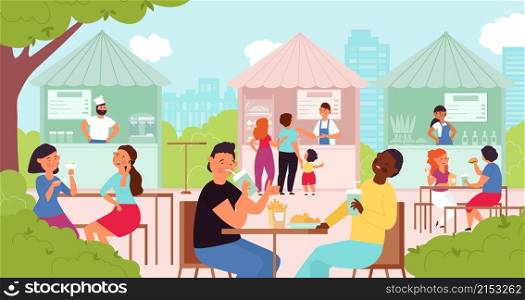 People in summer cafe. Outdoor table, lunch in street restaurant. Diversity persons in park, food festival or market decent vector concept. Illustration summer cafe outdoor, street cafeteria leisure. People in summer cafe. Outdoor table, lunch in street restaurant. Diversity persons in park, food festival or market decent vector concept