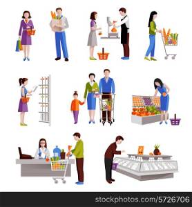 People in supermarket buying grocery products decorative icons set isolated vector illustration