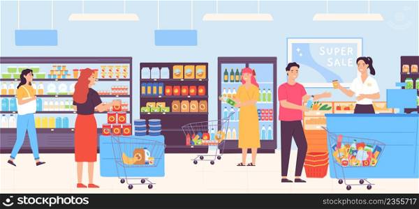 People in supermarket choosing food and putting in trolleys. Man and woman buying products in grocery store. Consumers walking among shelves with goods, purchasing at counter vector. People in supermarket choosing food and putting in trolleys. Man and woman buying products in grocery store