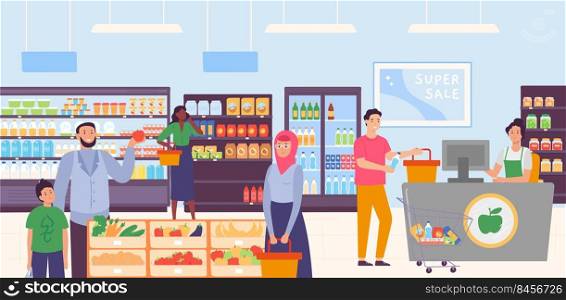 People in supermarket. Father with son choosing apple fruit, women holding baskets with food. Male character taking products from trolley to cashier counter to pay. Buying in shop vector illustration. People in supermarket. Father with son choosing apple fruit, women holding baskets with food. Male character