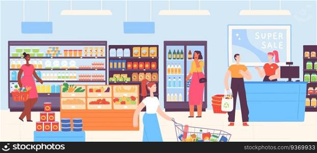 People in supermarket. Grocery shop interior with cashier and customers with carts and basket buying food. Cartoon mall store vector concept. Illustration cashier and people buying. People in supermarket. Grocery shop interior with cashier and customers with carts and basket buying food. Cartoon mall store vector concept