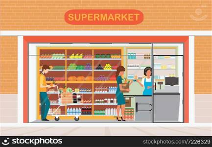 People in supermarket grocery store, Supermarket building and interior with fresh food on shelves and counter cashier, Flat vector illustration.