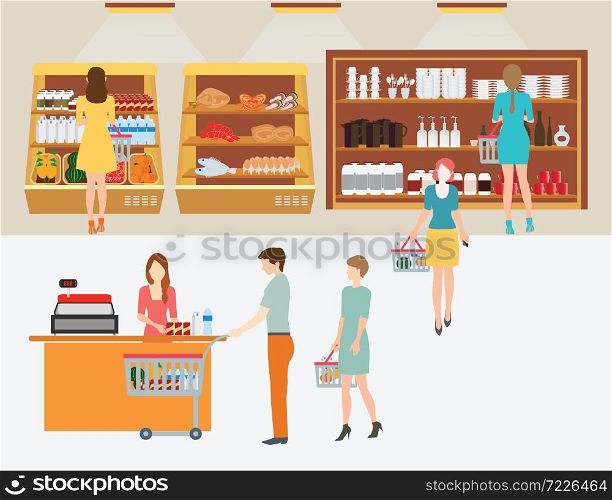 People in supermarket grocery store with shopping baskets for line up to pay for shopping isolated vector illustration.