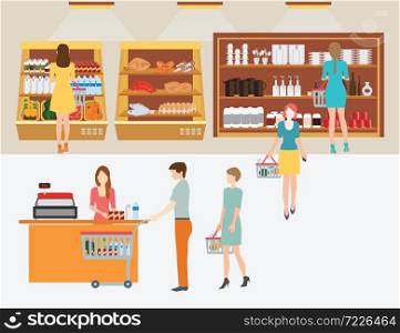 People in supermarket grocery store with shopping baskets for line up to pay for shopping isolated vector illustration.