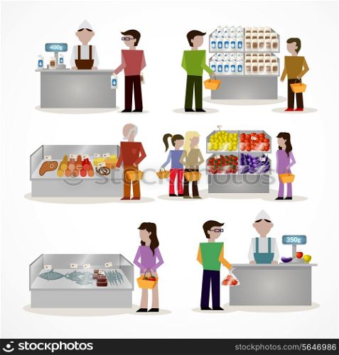 People in supermarket grocery store with shopping baskets isolated vector illustration