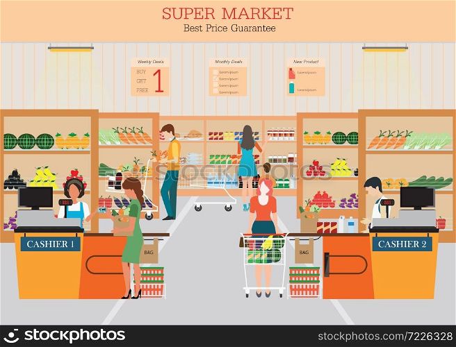 People in supermarket grocery store with shopping baskets. Isolated vector illustration.