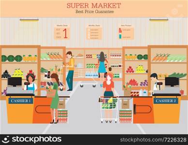 People in supermarket grocery store with shopping baskets. Isolated vector illustration.