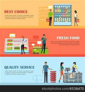 People in Supermarket Interior Design. People in supermarket interior design. Best choice. Fresh food. Quality service. People shopping, marketing people, customer in mall, retail store illustration. Website design template in flat