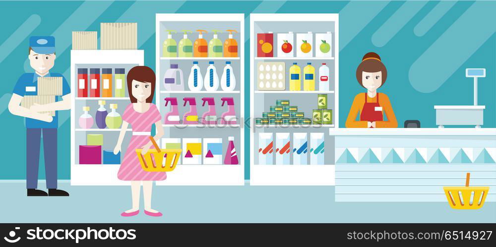People in Supermarket Interior Design. People in supermarket interior design. Security, shop assistant and consumer. Girl makes shopping in retail store. Seller put goods on shelves. Cashier sitting at the cash desk. Vector illustration