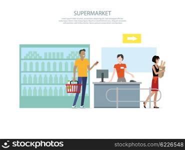 People in supermarket interior design. People shopping, supermarket shopping, marketing people, market shop interior, customer in mall, retail store vector illustration