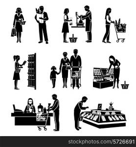 People in supermarket men and women consumers black icons set isolated vector illustration