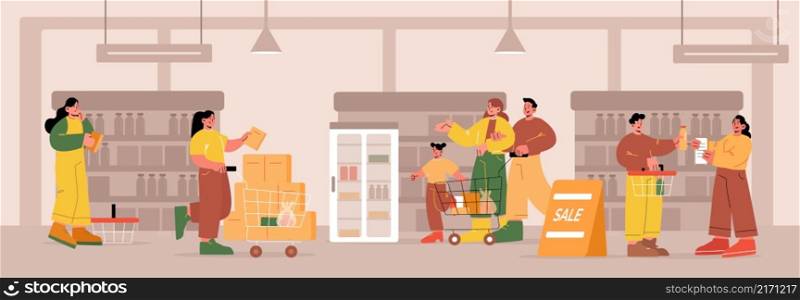 People in supermarket or grocery store market, visitors with carts walk along shelves choose food. Men, women and kids customers characters shopping, buying products in shop, Line art flat vector set. People in supermarket or grocery store market