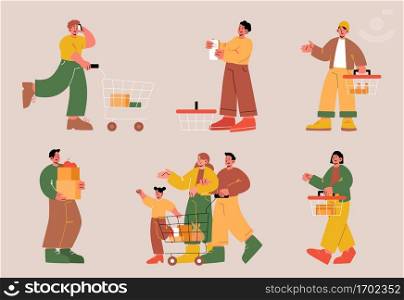 People in supermarket or grocery, visitors with carts and paper bags shopping, buying food and products in shop. Men, women and kids customers characters purchasing in store, Line art flat vector set. People in supermarket or grocery visitors in store