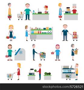 People in supermarket with shopping carts and baskets set isolated vector illustration