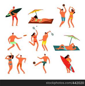 People in swimsuits in sea beach vecation. Relaxing woman and man vector characters. Woman and man in swimsuit on beach sea illustration. People in swimsuits in sea beach vecation. Relaxing woman and man vector characters