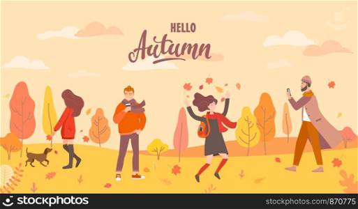 People in the autumn park in different situations - playing with the dog, jumping with fall leaves, man with phone and hipster with coffee. Men and women in season forest. Vector illustration.. People in the autumn park in different situations.