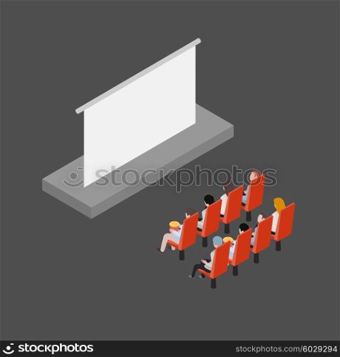 People in the cinema. Group of friends people in the cinema wathcing film isometric vector illustration