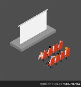 People in the cinema. Group of friends people in the cinema wathcing film isometric vector illustration