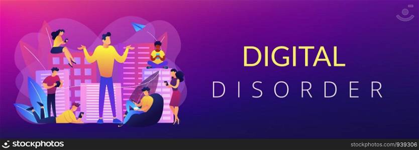 People in the city overusing mobile devices and a man feeling alone. Smartphone addiction, digital disorder, mobile device addiction concept. Header or footer banner template with copy space.. Smartphone addiction concept banner header.