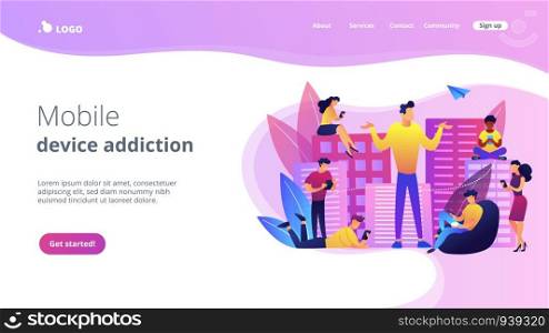 People in the city overusing mobile devices and a man feeling alone. Smartphone addiction, digital disorder, mobile device addiction concept. Website vibrant violet landing web page template.. Smartphone addiction concept landing page.