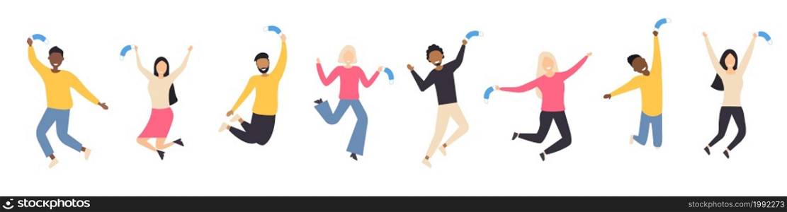People in the jump. Multiethnic group of happy smiling people. End of the Covid-19 pandemic. Victory over the coronavirus. Flat style. Vector illustration