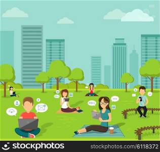 People in the park online web design flat. People and park, web internet online park, technology outdoor park. wireless park, mobile device, chat connection in park, wifi net park illustration