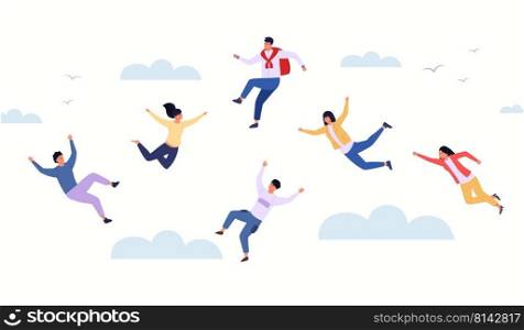 People in the sky. Cartoon characters floating in clouds, dream and imagination concept, young persons falling on dreamy background. Vector illustration. Man and woman in different positions. People in the sky. Cartoon characters floating in clouds, dream and imagination concept, young persons falling on dreamy background. Vector illustration