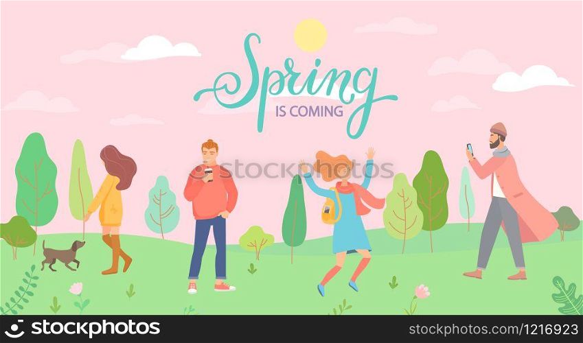 People in the spring park in different situations - playing with the dog, jumping, man with phone and hipster with coffee. Men and women in season forest. Vector illustration.. People in the spring park in different situations.