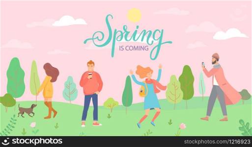 People in the spring park in different situations - playing with the dog, jumping, man with phone and hipster with coffee. Men and women in season forest. Vector illustration.. People in the spring park in different situations.