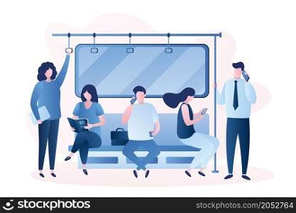 People in the subway,Male and female characters,humans sitting and standing in metro,scene in transport,trendy style vector illustration