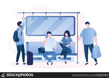 People in the subway,Male and female characters,humans sitting and standing in metro,trendy style vector illustration