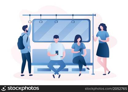 People in the subway,Male and female characters with smartphones,humans sitting and standing in metro,trendy style vector illustration