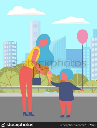 People in town vector, mother caring for child holding inflatable balloons for celebration of occasion. Cityscape and bushes of park, foliage nature environment. Urban view and citizen of city. Mother and Kid in City, Mom and Child in Town