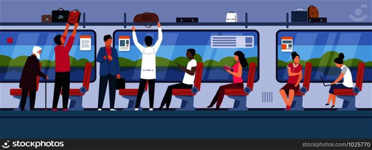 People in train. Public transport modern interior with different male and female cartoon characters on railroad. Vector urban people reading in subway near window against background nature flat banner. People in train. Public transport interior with different male and female cartoon characters. Vector people in subway flat banner