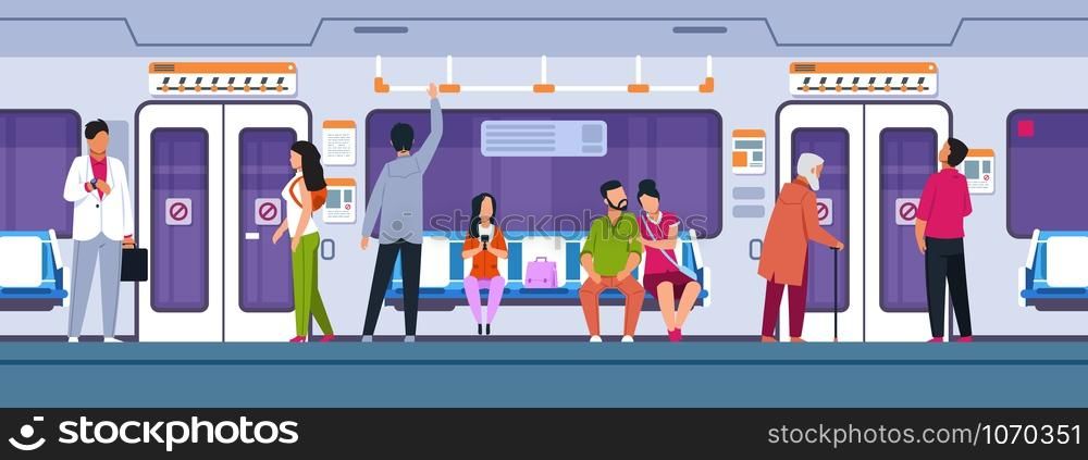 People in transport. Cartoon characters sitting and standing in city train. Vector illustrations male and female characters stand and seated in interior public tube transport. People in transport. Cartoon characters sitting and standing in city train. Vector male and female characters in public transport