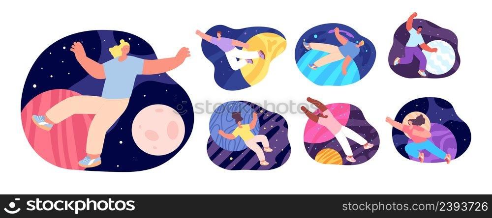 People in universe. Flying characters, adults dreaming. Modern woman experience, dream or explore astronomy. Man pushes mind boundaries vector set. Illustration of person character flying and floating. People in universe. Flying characters, adults dreaming. Modern woman experience, dream or explore astronomy. Man pushes mind boundaries utter vector set