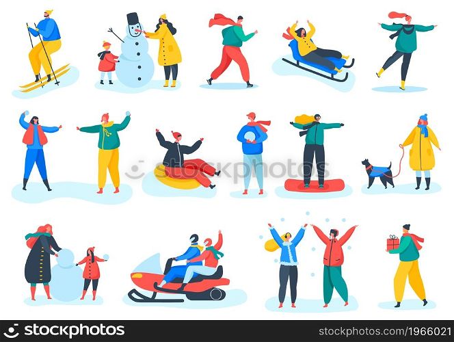 People in warm clothes doing winter outdoor activities in park. Characters snowboarding, building snowman, ice skating, skiing vector set. Seasonal sport, man and woman have active lifestyle