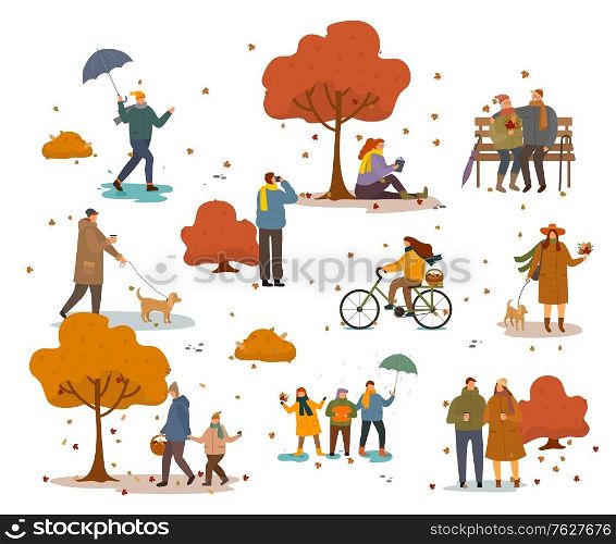 People in warm clothes having fun outdoors walking in autumn park. Girl riding bike and grandparents sitting on bench. Man walk his dog and friends with umbrella. Autumn park landscape with people. People Walking or Sitting in Autumn Golden Park