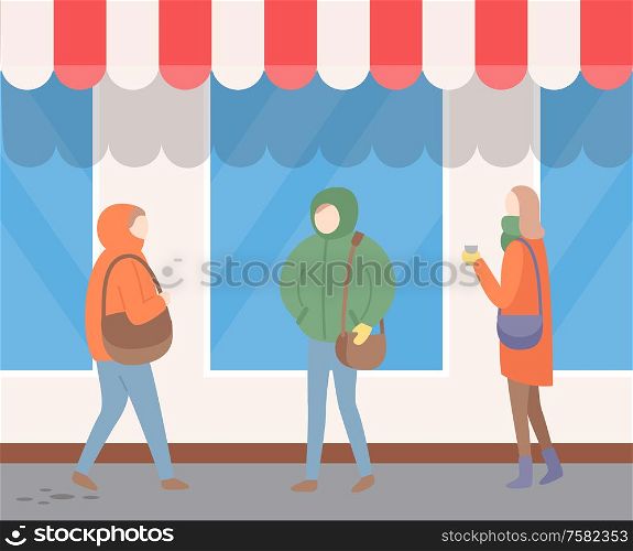People in warm clothes near the building wall with large windows, passerby in outerwear, woman holding cup, humans with handbags, urban street vector. Urban Street, Passerby in Outerwear, Wall Vector