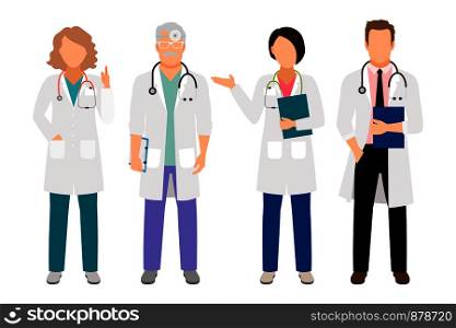People in white coats vector illustration. Full body standing male medical doctor and female physician isolated for lab illustration. Doctor and nurses in white coats