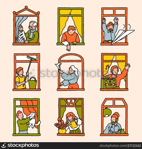 People in windows. Cartoon characters staying at home and look out of ...
