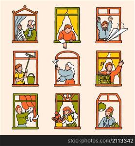 People in windows. Cartoon characters staying at home and look out of windows. Vector quarantine concept illustration isolated apart community neighbors. People in windows. Cartoon characters staying at home and look out of windows. Vector quarantine concept