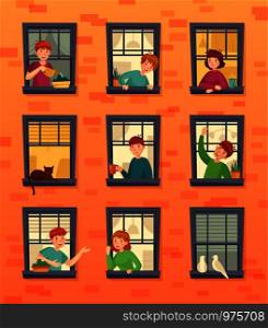 People in windows frames. Communicating neighbors, looking out window and urban residents. Characters inside city apartment in windows at morning cartoon vector illustration. People in windows frames. Communicating neighbors, looking out window and urban residents cartoon vector illustration