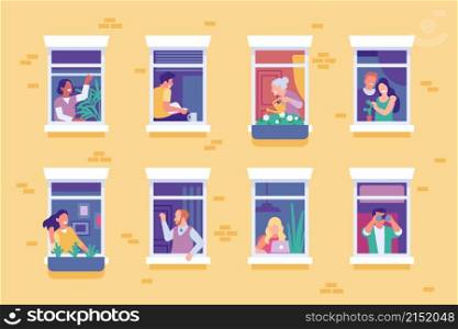 People in windows. Happy housemates engaged in everyday household chores. Woman watering flowers. Young man looking through binoculars. Couple reading on windowsill and hugging. Vector neighbors set. People in windows. Housemates engaged in everyday household chores. Woman watering flowers. Man looking through binoculars. Couple reading on windowsill and hugging. Vector neighbors set