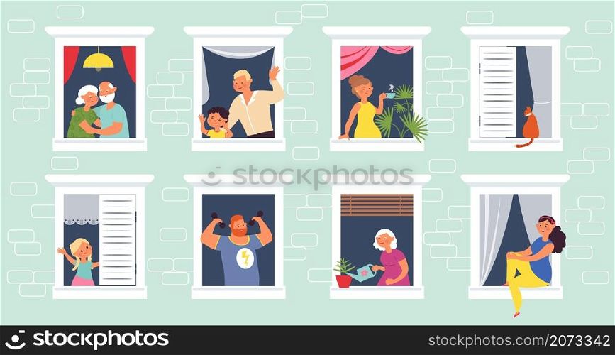 People in windows. Home open window, old person looking out from house. Apartment community, self safety time or lockdown decent vector concept. Illustration neighborhood apartment quarantine. People in windows. Home open window, old person looking out from house. Apartment community, self safety time or lockdown decent vector concept