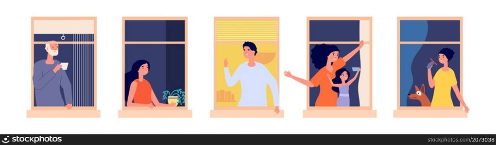 People in windows. Home time, family together. Woman make selfie, man drink morning coffee girl dreaming. Cartoon friendly neighbors vector illustration. Neighbors window architecture. People in windows. Home time, family together. Woman make selfie, man drink morning coffee girl dreaming. Cartoon friendly neighbors vector illustration
