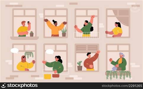 People in windows, multiracial neighbors men and women in their apartments, characters spend time with gadgets, greeting each other, care of plants, dance and waving hands Line art vector illustration. People in windows, multiracial neighbors life