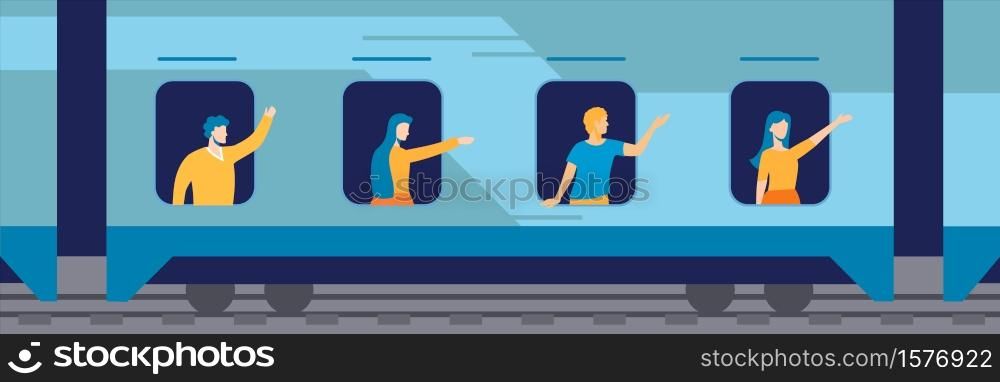 People in windows of train illustration. Happy characters waving their hands to those who see them off on peron long awaited vacation and fun trip to sea trip on windmill new job.. People in windows of train illustration. Happy characters waving their hands to those who see them off on peron.
